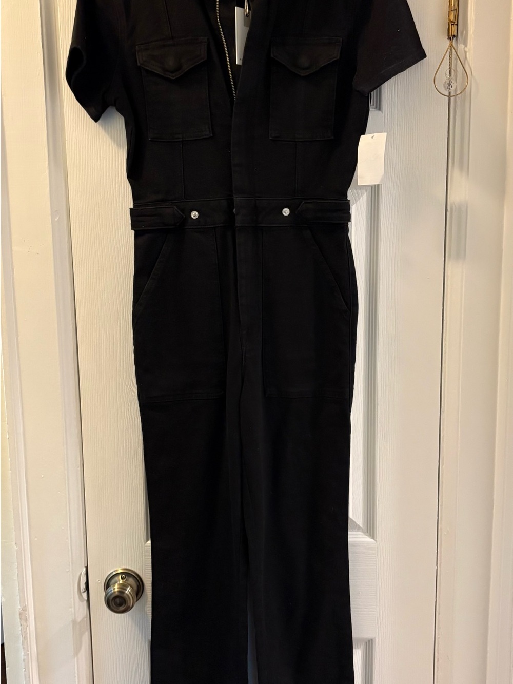 Good American Black Denim Short Sleeve Utility Jumpsuit